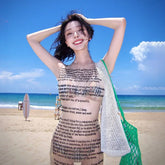 Women's letter print transparent mesh tank mini dress with A-line silhouette.